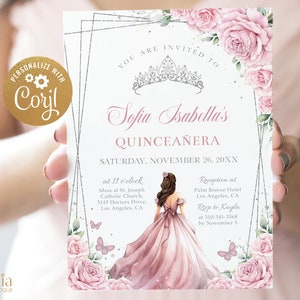 Invitación EDITABLE de Quinceañera rosa rubor y plata, plantilla de fiesta de mariposa, floral Mis Quince Anos, dulce 16 cumpleaños niña tiara, Q042 imagen 1