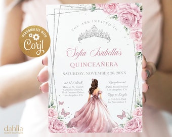 EDITABLE Blush Pink and Silver Quinceañera Invitation, Butterfly Party Template, Floral Mis Quince Anos, Sweet 16 Birthday Girl Tiara, Q042