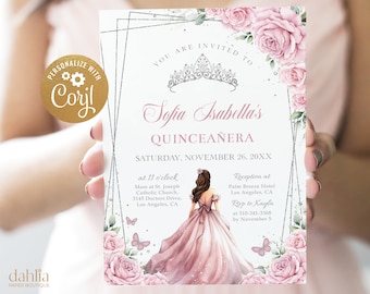 Invitación EDITABLE de Quinceañera rosa rubor y plata, plantilla de fiesta de mariposa, floral Mis Quince Anos, dulce 16 cumpleaños niña tiara, Q042