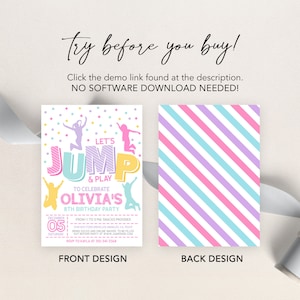 Puede incluir: Una colorida invitaci&oacute;n de cumplea&ntilde;os con el texto "Let's Jump & Play" y "Olivia's 8th Birthday Party". El dise&ntilde;o frontal presenta figuras saltando y confeti. El dise&ntilde;o posterior tiene rayas diagonales en colores pastel.