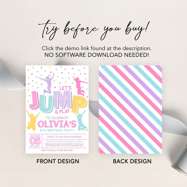 Puede incluir: Una colorida invitaci&oacute;n de cumplea&ntilde;os con el texto "Let's Jump & Play" y "Olivia's 8th Birthday Party". El dise&ntilde;o frontal presenta figuras saltando y confeti. El dise&ntilde;o posterior tiene rayas diagonales en colores pastel.