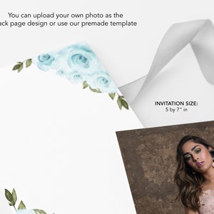 May include: A white invitation card with a blue floral design in the top corner. The text "INVITATION SIZE: 5 by 7" in" is printed in black at the bottom of the card.