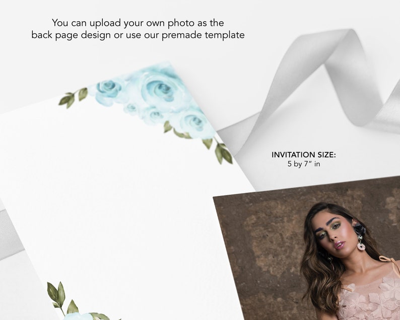 May include: A white invitation card with a blue floral design in the top corner. The text "INVITATION SIZE: 5 by 7" in" is printed in black at the bottom of the card.