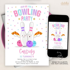 Bowling and Pizza Birthday Invitation, Editable Girl Party Invite Template, Let&#39;s Strike Up A Slice Of Fun, Pink Pizza Party, Kid Food KP144