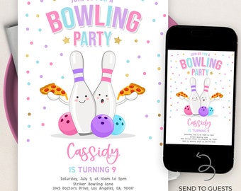 Bowling and Pizza Birthday Invitation, Editable Girl Party Invite Template, Let&#39;s Strike Up A Slice Of Fun, Pink Pizza Party, Kid Food KP144