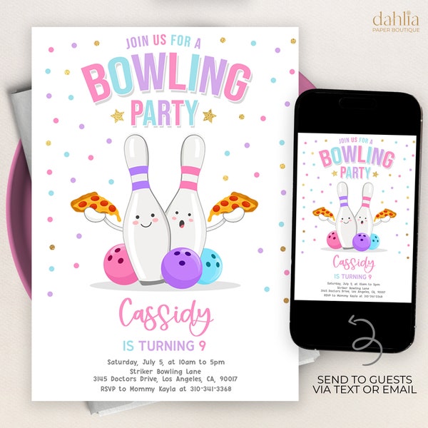 Bowling and Pizza Birthday Invitation, Editable Girl Party Invite Template, Let's Strike Up A Slice Of Fun, Pink Pizza Party, Kid Food KP144