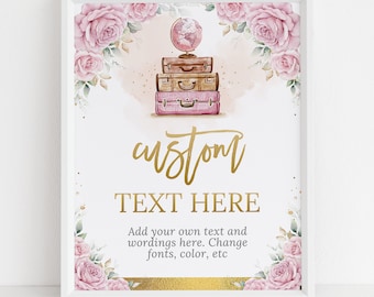 Adventure Awaits Baby Shower Custom Text Sign, Travel Theme Baby Sprinkle Banner, Adventure, Pink Suitcase, Map, Girl Party Decor, BS229