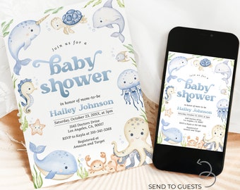 Può includere: Un invito a una baby shower blu e bianco con tema oceanico. L'invito presenta un narvalo, una tartaruga, una medusa, un polpo e una balena. Il testo sull'invito recita "Unisciti a noi per una Baby Shower in onore della futura mamma Hailey Johnson. Sabato 23 ottobre 20XX, alle 15:00. 3145 Doctors Drive, Los Angeles, CA, 90017. RSVP a Kayla al 310-341-3368. Registrato su Amazon e Target."