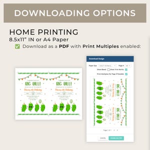 May include: A digital download invitation with the text "BIG DILL!" and "Olivia's 5th Birthday". The invitation features cartoon pickles with party hats and a green and orange banner. The image also shows downloading options.