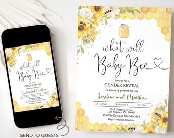 Bee Gender Reveal Invitation, Editable What Will Baby Bee Invite Template, Honey Bee Invite Printable, Bumble Bee, Instant Download, HON01