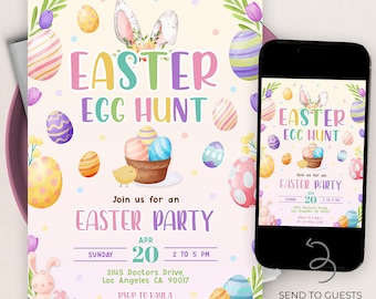 Ostereiersuche-Einladung, bearbeitbare bunte Oster-Brunch-Party-Vorlage, druckbare Frühlings-Pastell-Kaninchen-Party einladen, sofortiger Download