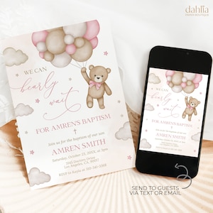 Pink Teddy Bear Baptism Invitation, Editable Naming Day Invite, Personalised Christening Godparents, Boho Watercolor Bear Balloons, BP012