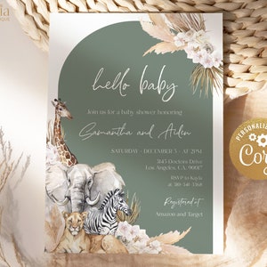 EDITABLE Boho Safari Baby Shower Invitation, Jungle Animal Baby Shower Invite Template, Sage Green, Customizable File Instant Download BS118