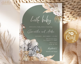 EDITABLE Boho Safari Baby Shower Invitation, Jungle Animal Baby Shower Invite Template, Sage Green, Customizable File Instant Download BS118