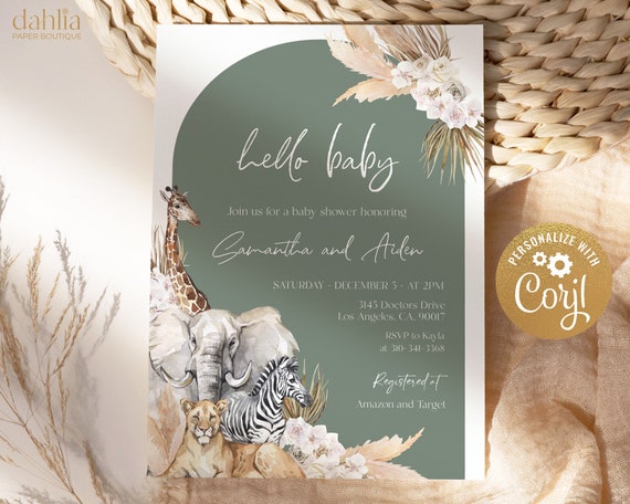 EDITABLE Boho Safari Baby Shower Invitation, Jungle Animal Baby Shower  Invite Template, Sage Green, Customizable File Instant Download BS118 