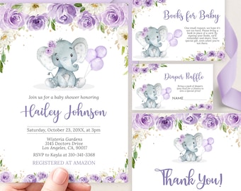 Könnte beinhalten: Lila und weiße florale Babyparty-Einladung mit einem niedlichen grauen Elefanten, der Ballons hält. Die Einladung enthält den Text "Bücher für Baby", "Windel-Tombola" und "Danke!"