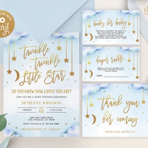 May include: A baby shower invitation with a blue and gold color scheme. The invitation features a watercolor background with clouds and stars. The text reads "Twinkle Twinkle Little Star" and includes details about the event, including the date, time, and location. The invitation also includes a request for guests to bring a book for the baby.