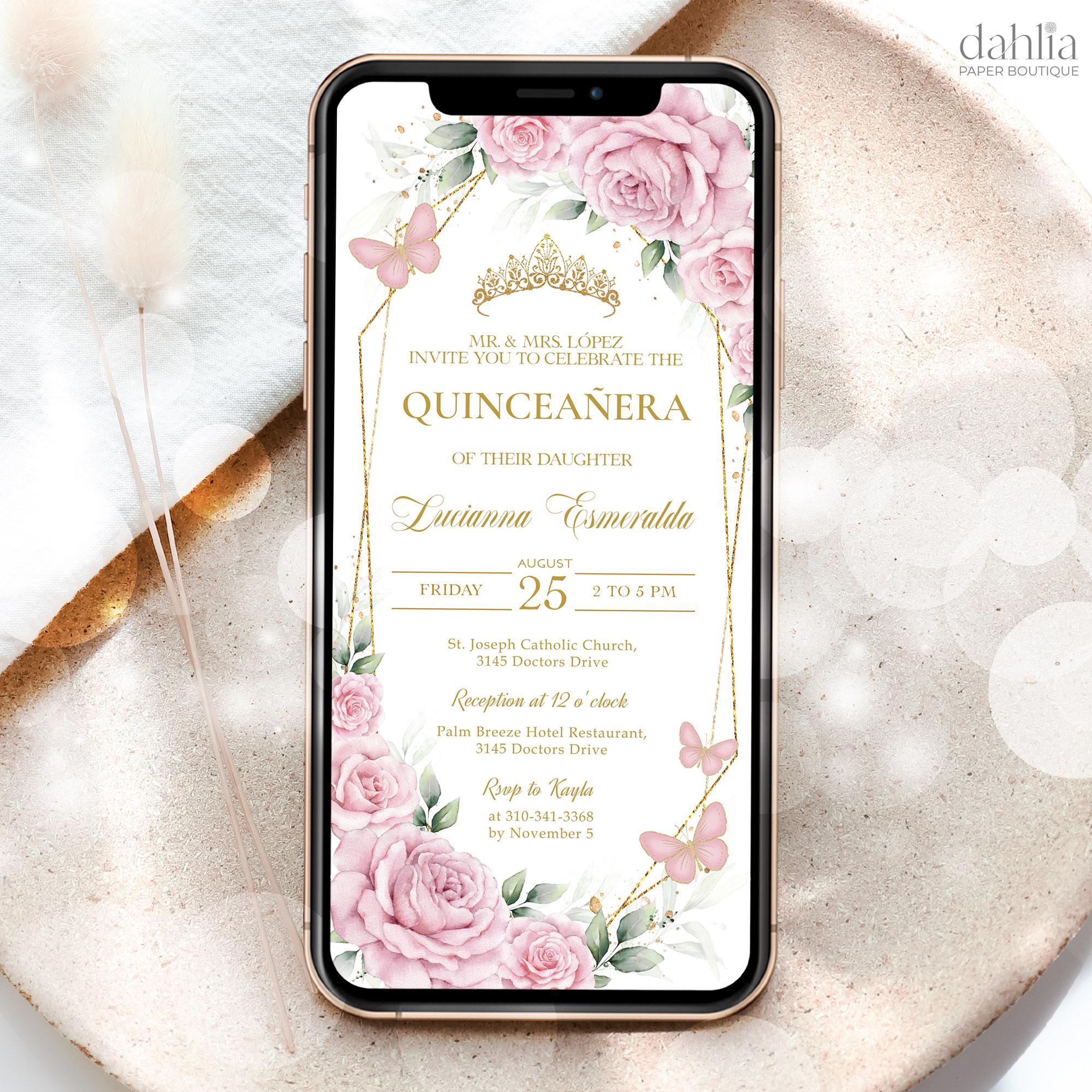 Blush Pink and Gold Quinceañera Digital Invitation, EDITABLE 15th Birthday Party Mobile Invite, Pastel Mis Quince Anos Text Template, Q092
