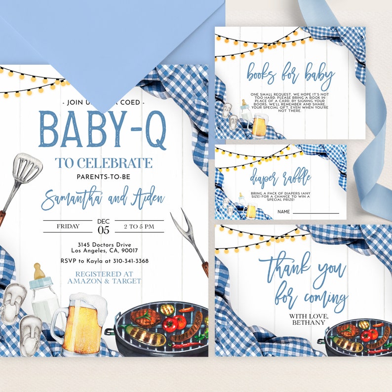 May include: Baby shower invitation with a blue and white checkered background. The invitation features a grill with food, a beer mug, a baby bottle, and a fork. The text on the invitation reads "Baby-Q to Celebrate Parents-to-be Samantha and Aiden".
