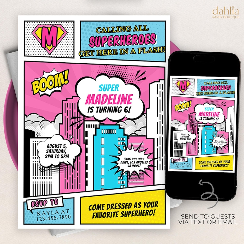 Superhero Birthday Invitation, EDITABLE Comic Book Party Invite, Girl ...
