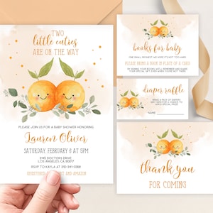 Zwei kleine Cuties Babypartyeinladungs-Set, EDITIERBARE Clementine Gemeinsame Baby Sprinkle Party Laden Vorlage ein, Little Cutie On The Way, BS032