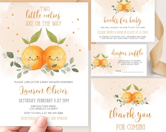 Zwei kleine Cuties Babypartyeinladungs-Set, EDITIERBARE Clementine Gemeinsame Baby Sprinkle Party Laden Vorlage ein, Little Cutie On The Way, BS032