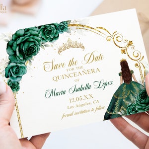 Quinceaño Save the Date Karte, Smaragdgrün und Gold Quitte Printable, Tiara Mis Quitte 15 Anos, Mädchen 15 Geburtstag, Sweet 16 Evite, Q038