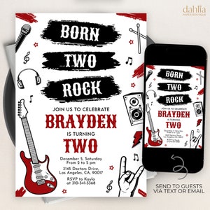 Peut inclure: Une invitation imprimable pour une fête d'anniversaire sur le thème du rock and roll pour un deuxième anniversaire. L'invitation présente une guitare électrique rouge et noire, un microphone, un casque, un haut-parleur et une main faisant le geste rock and roll. Le texte sur l'invitation est "Born Two Rock" et "Join us to celebrate Brayden is turning Two".