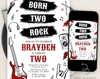 Pode incluir: Um convite imprimível para uma festa de aniversário com tema rock and roll para um segundo aniversário. O convite apresenta uma guitarra elétrica vermelha e preta, um microfone, fones de ouvido, um alto-falante e uma mão fazendo o gesto rock and roll. O texto no convite diz "Born Two Rock" e "Join us to celebrate Brayden is turning Two".