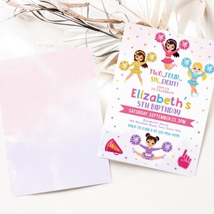 May include: A pink and white birthday invitation with a cheerleading theme. It features a cartoon image of a girl in a cheerleading uniform holding pom-poms. The text reads "Two...Four...Six...Eight! Join us to celebrate Elizabeth's 5th Birthday. Saturday, September 23, 3PM. Elizabeth's House, 785 Westlake Road, Town State 1234. RSVP to Kayla at 123-456-7890."