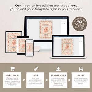 May include: A digital interface showing a Corjl template editor on a desktop monitor, laptop, tablet, and smartphone. The screen displays a book club invitation design with orange text and graphics. A circular badge reads Personalize with Corjl.