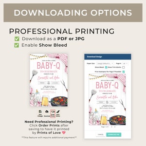 May include: A printable baby shower invitation with a pink and white checkered background. The invitation features a grill, a beer, and a bottle of baby formula. The text on the invitation reads "Join us for a coed Baby-Q to celebrate parents-to-be Samantha and Aiden".