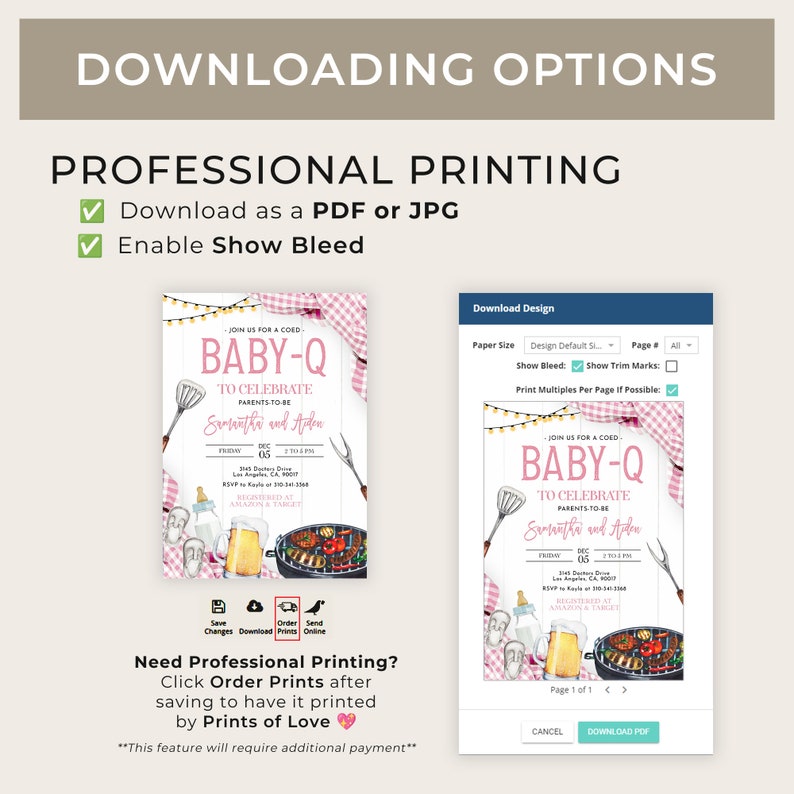 May include: A printable baby shower invitation with a pink and white checkered background. The invitation features a grill, a beer, and a bottle of baby formula. The text on the invitation reads "Join us for a coed Baby-Q to celebrate parents-to-be Samantha and Aiden".