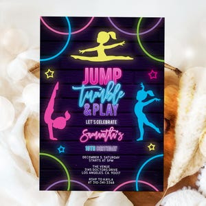 Neon Gymnastics Birthday Invitation, Jump Party Invite Template, Glow Neon Invite, Dancing, Girl Tween Birthday, Instant Download, KP118 image 9