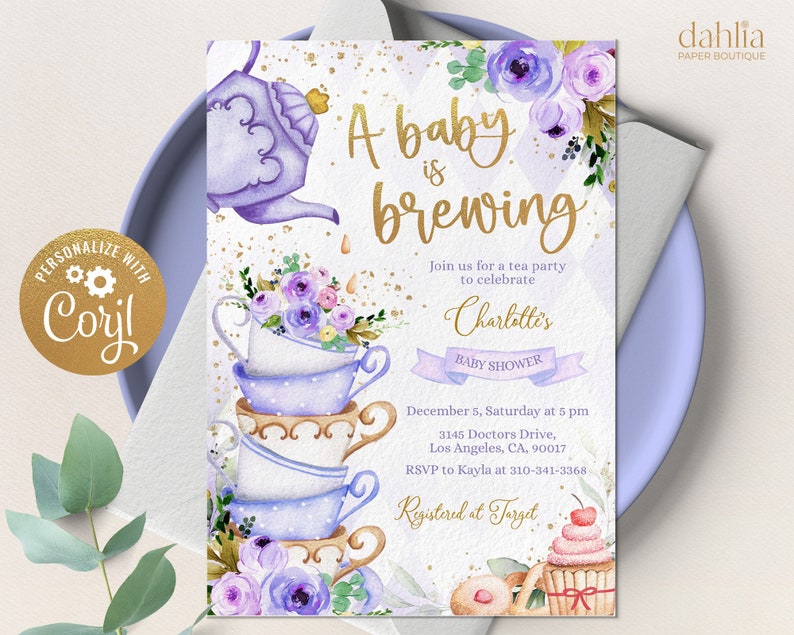 EDITABLE Tea Baby Shower Invitation Baby is Brewing Whimsical Tea Invite Template Floral Gold Lilac High Tea Instant Download