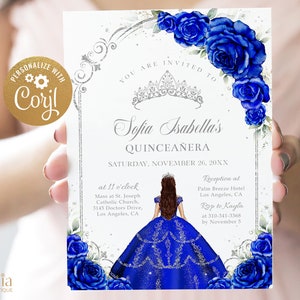 Invitación de Quinceañera con Arco Real Azul y Plata, Tiara EDITABLE Rosa 15º Cumpleaños, Mis Quince Anos, Fiesta Dulce 16, Descarga Instantánea Q071