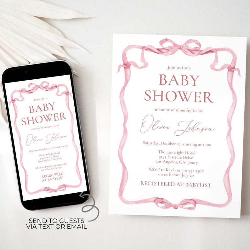 Pink Bow Baby Shower Invitation Set, Editable Coquette Baby Shower ...