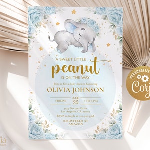 Pastell Blau Elefant Baby Shower Einladung, EDITIERBARE süße kleine Peanut Party Vorlage, moderne florale Baby Brunch, Instant Download BS179