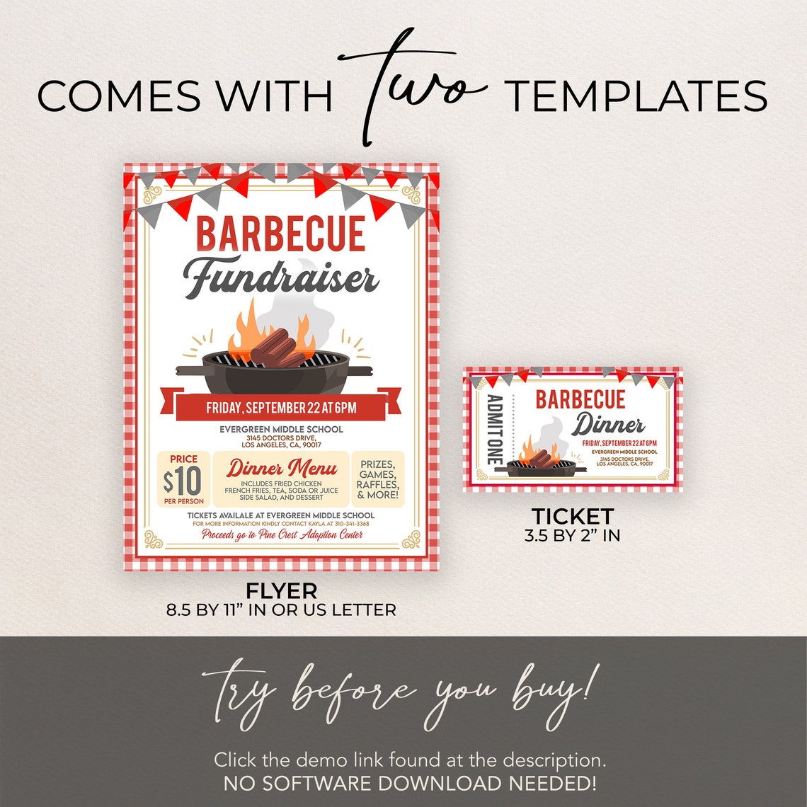 Editable BBQ Dinner Fundraiser Flyer Ticket, PTA PTO School Church ...