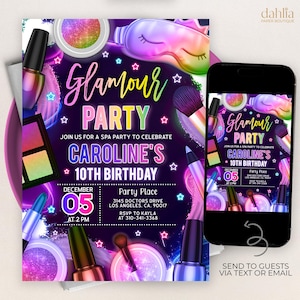 Join Us For A Spa Party Invitation, Editable Glamour Party Template, Tween Manicure Pedicure Birthday Invite, Neon Glow Pamper Party, KP447