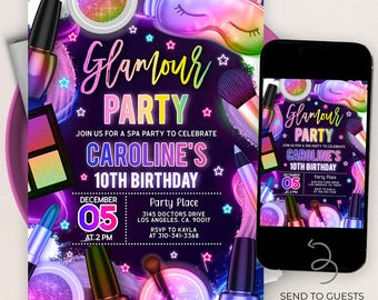 Puede incluir: Una invitación digital para una fiesta de cumpleaños número 10 con un tema glamuroso. La invitación presenta un fondo morado con acentos de neón rosa, azul y verde. El texto dice "Glamour Party" y "Caroline's 10th Birthday". La invitación también incluye una pantalla de teléfono con un diseño similar.