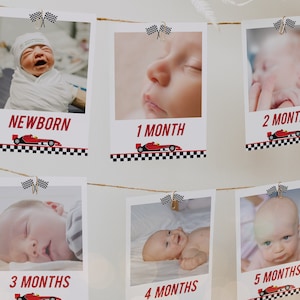 Rennsport Geburtstag Foto Banner Vorlage, bearbeitbare Baby 1. Jahr monatlich Meilenstein Karten, druckbare Foto Girlande, Auto, Sofort Download, KP055