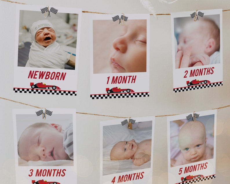 May include: A set of 6 white photo cards with black and red checkered borders. Each card features a photo of a baby at different ages, from newborn to 5 months. The cards are decorated with red race car illustrations and the text "NEWBORN", "1 MONTH", "2 MONTHS", "3 MONTHS", "4 MONTHS", and "5 MONTHS".