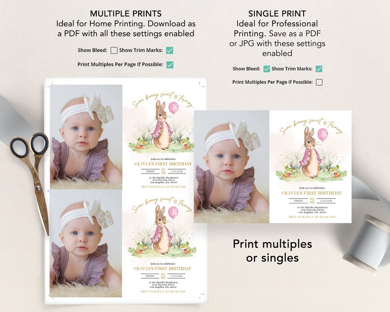 Peter Rabbit First Birthday Invite with Photo, Editable Rustic Bunny Template, Printable 1st Birthday Girl Party, Any Age, Instant Download image 4