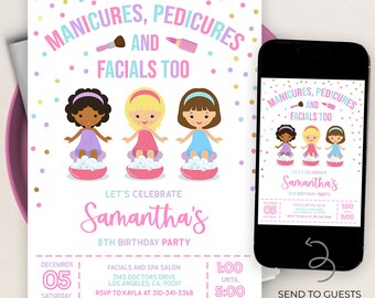 Peut inclure: Une invitation rose et blanche pour une fête d'anniversaire de 8 ans pour une fille. L'invitation a un thème de spa avec trois filles de dessin animé qui se font faire des manucures, des pédicures et des soins du visage. Le texte sur l'invitation dit "Célébrons l'anniversaire de Samantha, 8 ans". L'invitation comprend également la date, l'heure et le lieu de la fête.