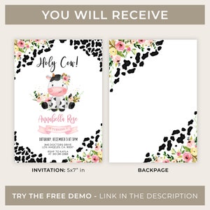 Pu&ograve; includere: Un invito stampabile per una festa di compleanno per bambini. L'invito presenta una mucca dei cartoni animati con una corona di fiori rosa e il testo "Holy Cow!" e "Annabella Rose compie 2 anni". Lo sfondo &egrave; una stampa di mucca bianco e nero con fiori rosa e gialli.