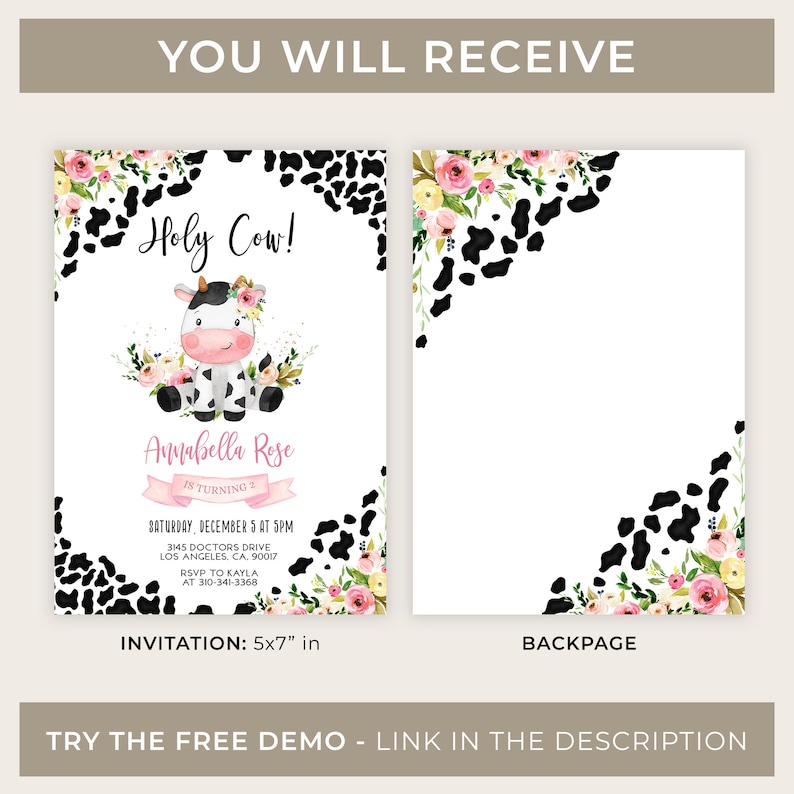 Pu&ograve; includere: Un invito stampabile per una festa di compleanno per bambini. L'invito presenta una mucca dei cartoni animati con una corona di fiori rosa e il testo "Holy Cow!" e "Annabella Rose compie 2 anni". Lo sfondo &egrave; una stampa di mucca bianco e nero con fiori rosa e gialli.