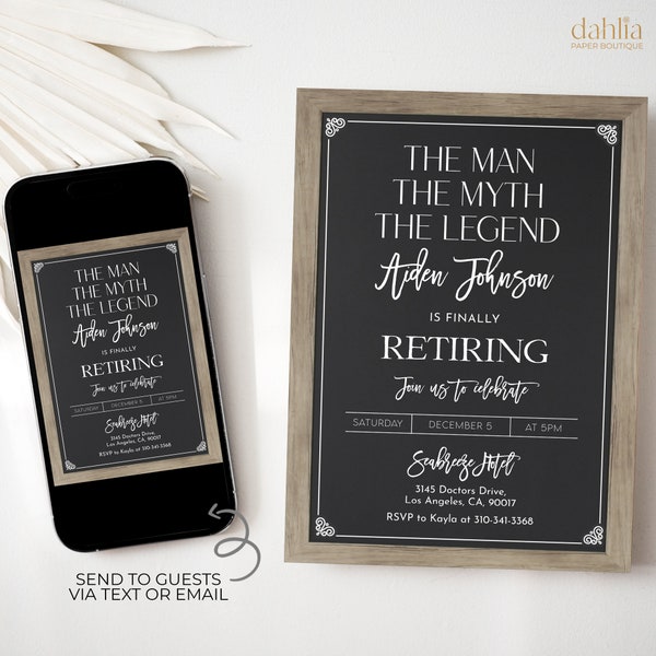 The Man The Myth The Legend Retirement Invitation, Editable Rustic Chalkboard Adult Party Invite, Men Man, Printable Instant Download, AP019