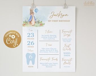 Peter Rabbit First Birthday Milestone Poster, EDITABLE Birthday Sign Template, Baby&#39;s 1st Birthday, Rustic Bunny, Instant Download, Corjl