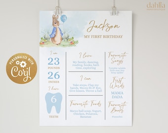 Peter Rabbit First Birthday Milestone Poster, EDITABLE Birthday Sign Template, Baby's 1st Birthday, Rustic Bunny, Instant Download, Corjl